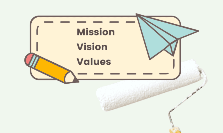 a label with the words "Mission, Vision, Values"