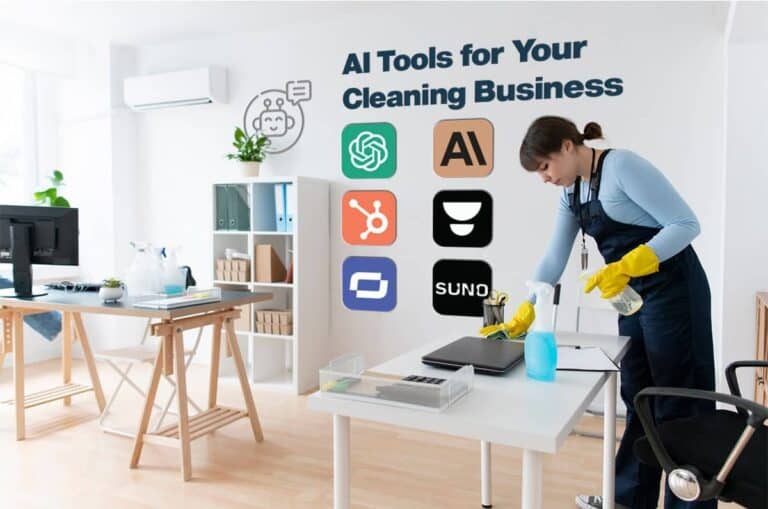professional cleaner cleaning an office with AI app logos in the background