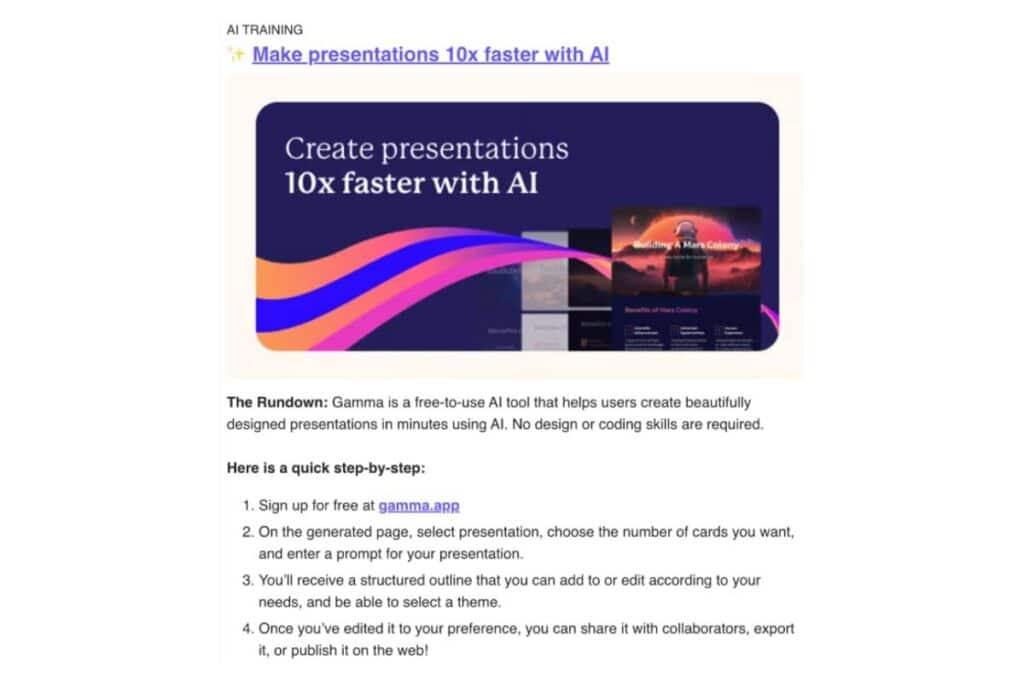 Gamma AI ad in the Rundown AI newsletter