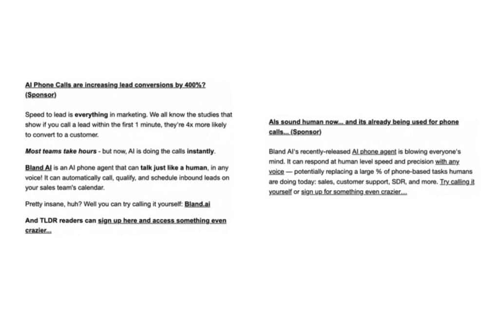 Bland AI ads in the TLDR newsletter